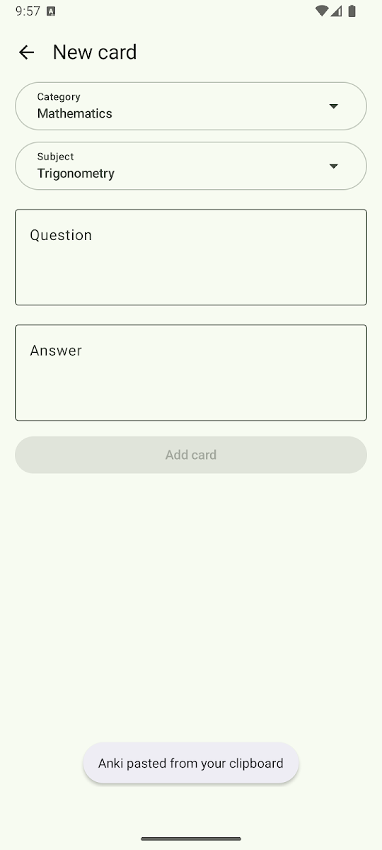 Tela Novo cartão do app Easy Flashcard