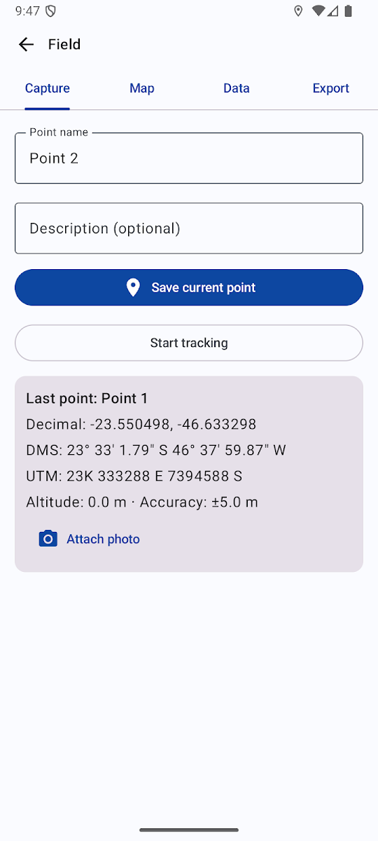 Tela Coleta de pontos do app Levantamento Topográfico
