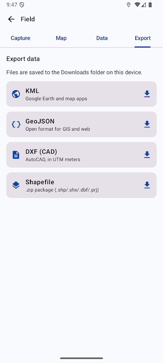 Tela Exportação do app Levantamento Topográfico