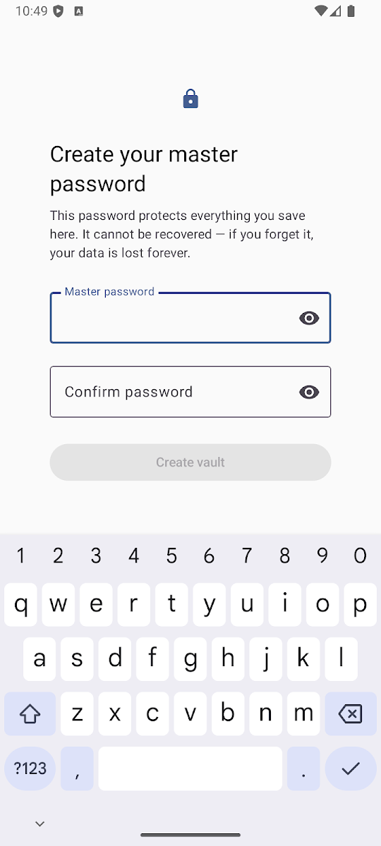 Tela Senha mestra do app Vault — Gerenciador de Senhas