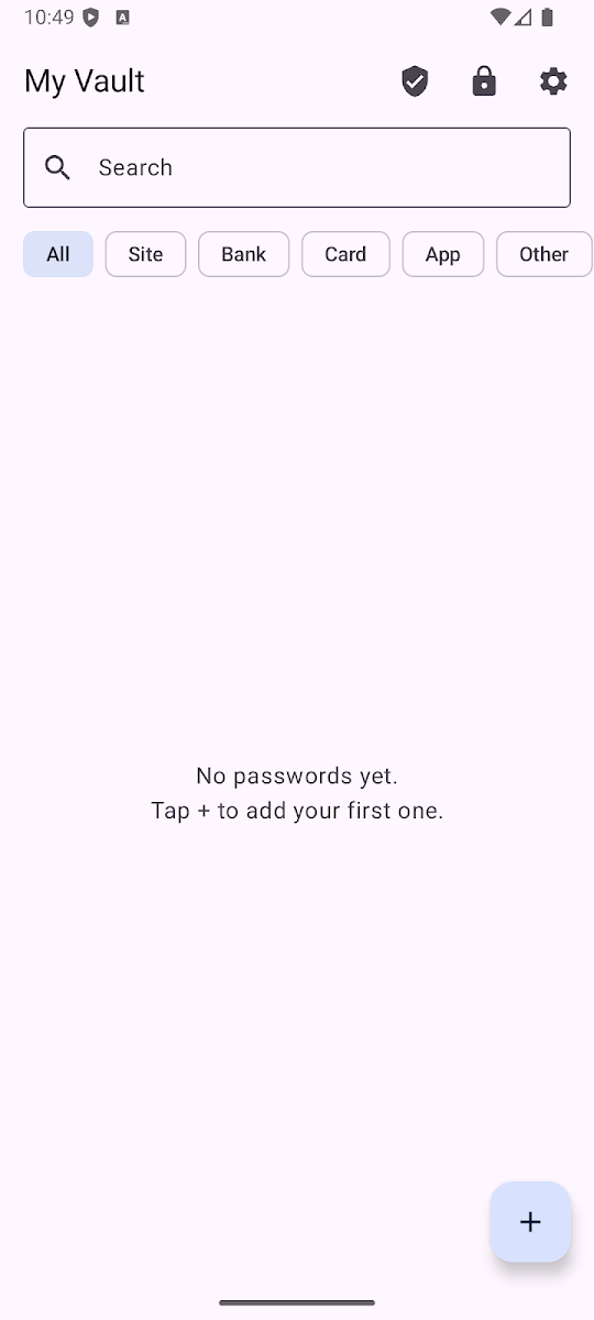Tela Meu cofre do app Vault — Gerenciador de Senhas