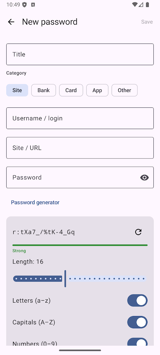 Tela Nova senha do app Vault — Gerenciador de Senhas