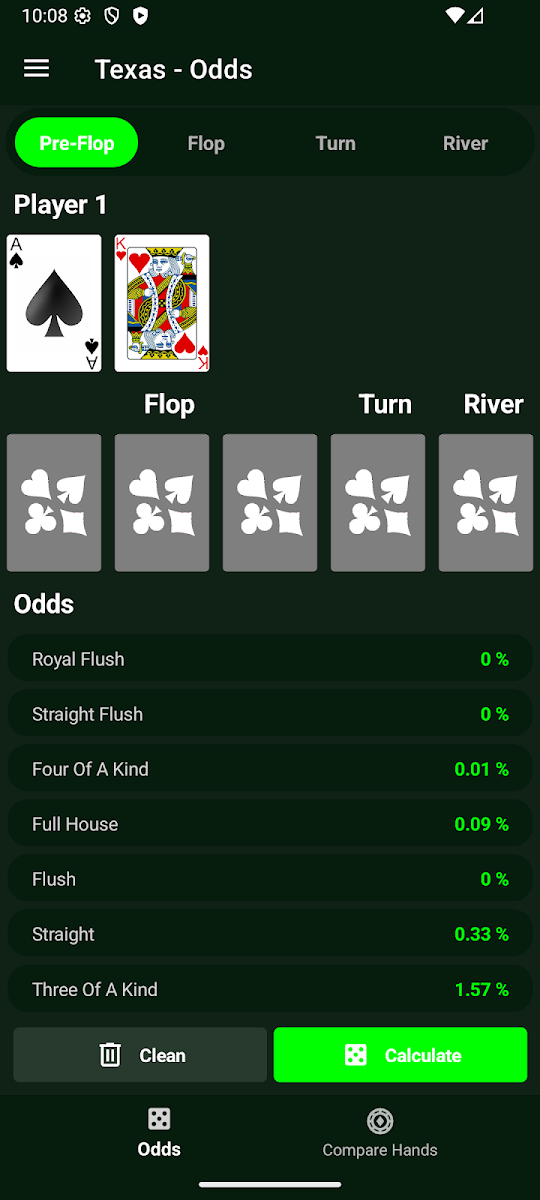 Tela Texas Hold'em do app Poker Odds