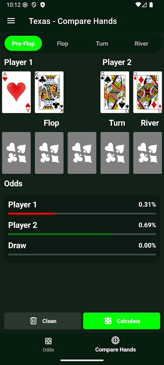 Tela Comparar mãos do app Poker Odds