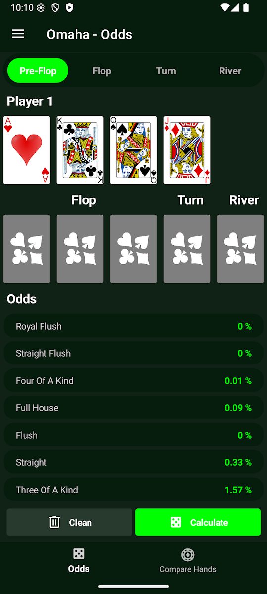 Tela Omaha do app Poker Odds