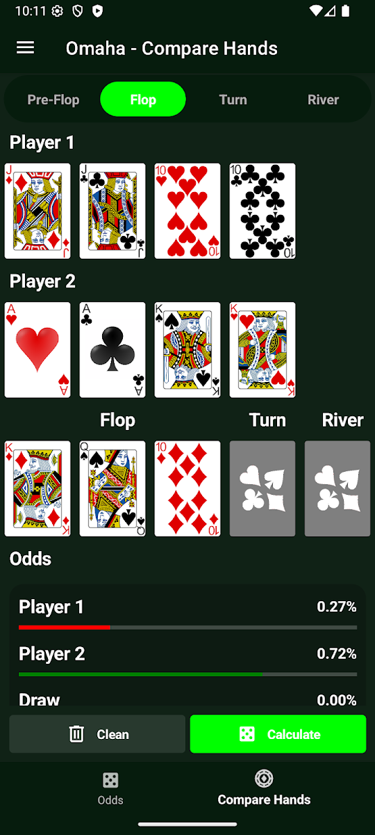 Tela Omaha no flop do app Poker Odds